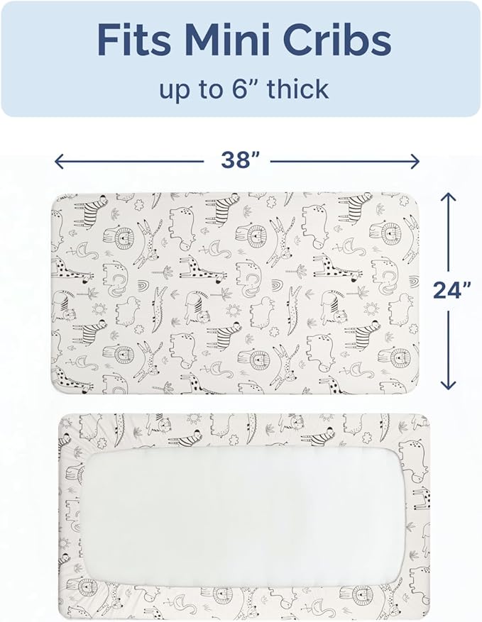 2-Pack Mini Crib Sheets Fitted - Pack N Play Sheets for Pack and Play Mattress - Stretchy Soft Microfiber Playard Bedding - Mini Toddler Bed Cover for Boys & Girls - Oeko-Tex - 38 x 24in, Zoo Sketch
