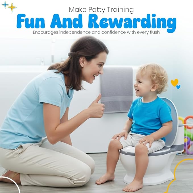 Toddler Potty Training Toilet with Diatomaceous Earth Mat – Realistic Toilet for Toddlers with Lid, Splash Guard & Non-Slip Base – Baby Potty Training Toilet with Bonus Tic-Tac-Toe Play Mat