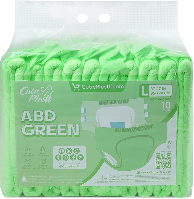 CutiePlusU Disposable Adult Diaper Heavy Absorption Dry Surface All Night- Green 10 Pieces (Large 37"-47")