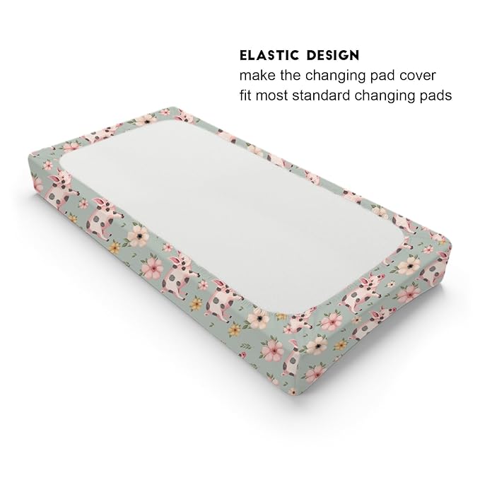 Lovely Pigs Boho Floral Changing Pad Cover Baby Pig Retro Flowers Change Table Cover for Baby Boys Girls Farm Animal Life Soft Breathable Stretch Fitted Changing Mat Sheets Cover 32''x16''