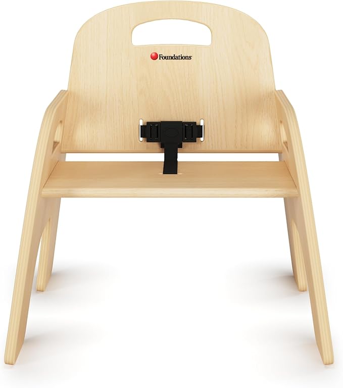 Foundations Simple Sitter Low Wood Feeding Chairs Multipack, Wide No-Tip Base, Adjustable Safety Harness, Stackable Wood Toddler Chairs with Wipeable Finish, 2 Pack, 9 inch