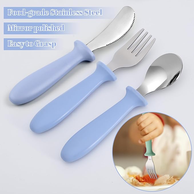 Pimoys 6 Pieces Toddler Utensils Forks,Spoons and Knives,Kids Silverware Set with Plastic Handle Stainless Steel Toddler Silverware,Dishwasher Safe