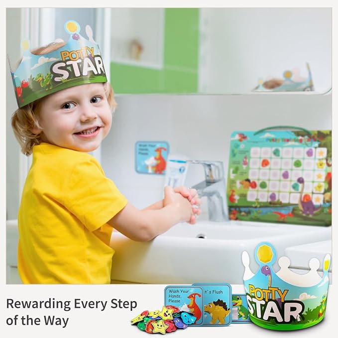 Potty Training Chart with 35 Stickers, 3 Reminder Stickers and Crown for Toddlers Boys and Girls - Potty Training Rewards for Kids - Dino