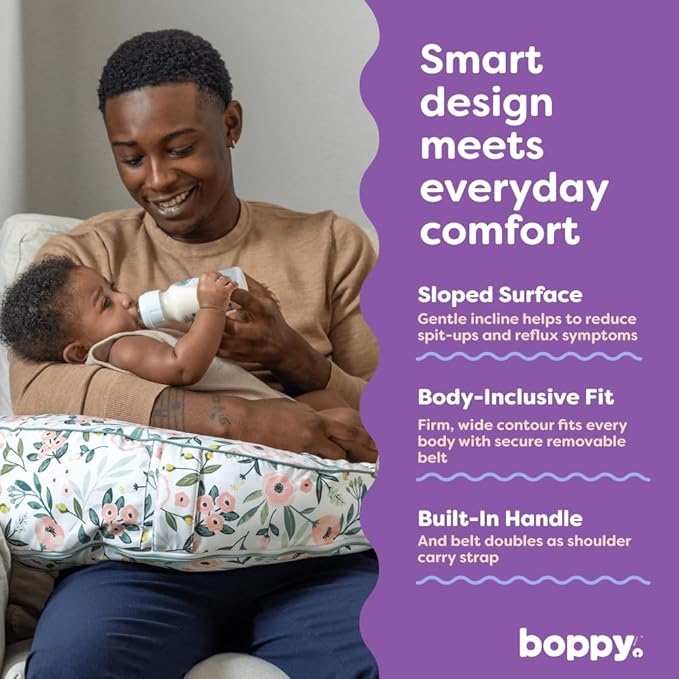 Boppy Uplift Nursing Pillow - Wedge Bottle & Breastfeeding Pillow to Reduce Spit-Up and Reflux Symptoms, with Body-Inclusive Opening and Belt, Baby Safety Alliance Verified - Pink Garden Flowers