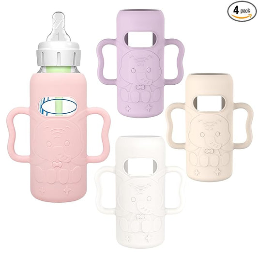 KingKam 4 Pack Silicone Sleeves for Dr. Brown's Glass Baby Bottles, Drop Protection Bottle Sleeves with Handles, Compatible with Dr. Brown's Anti-Colic Options+ Narrow Glass Baby Bottles, 8 oz/250 mL