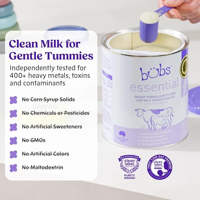 Bubs Essential Infant Formula, with Iron, Cow Milk-Based Powder, for Infants 0-12 Months, Made with Non-GMO Milk, 20 oz