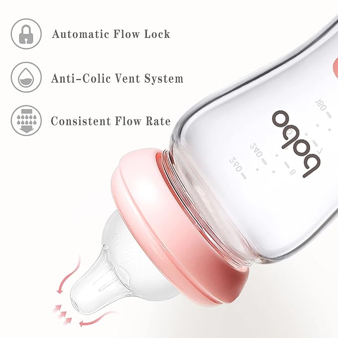 YOHKOH Natural Glass Baby Bottle with Level 1 Slow Flow Nipple, Newborn Anti-Colic Baby Bottles, Wide Neck Mushroom Baby Glass Bottle (3.4oz (Pack of 4), Multicolour)