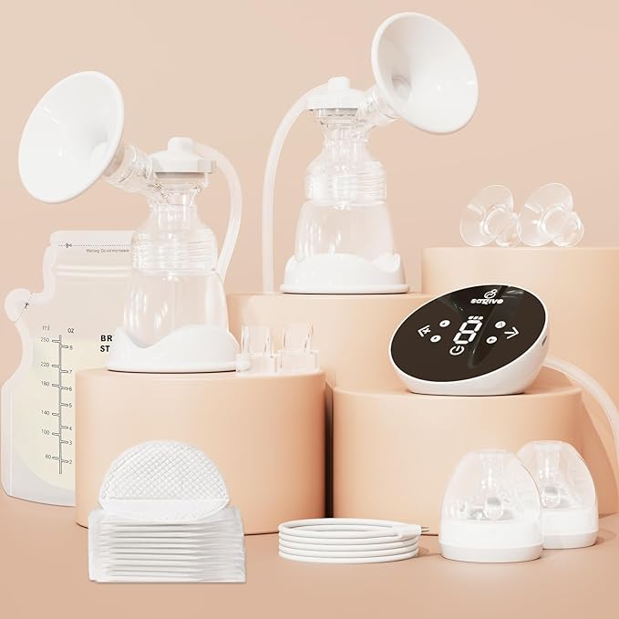 Saglve Breast Pumps,Double Electric Breast Pump Portable with 4 Modes & 9 Levels,320mmHg Strong Suction,10 Breastmilk Storage Bags,2 Size Flanges,LED Display,Rechargeable Portable Pump Breastfeeding