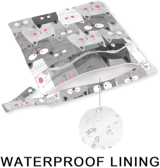 Wet Dry Bags Grey Cats Waterproof Wet Bag Animal Kitten Reusable Bags for Swimsuits Cloth Diapers Beach Pool Gym Travel Baby Item 2 Pcs
