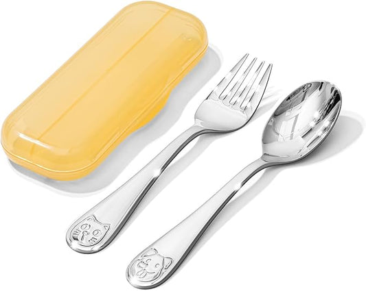 KINGSTONE 2-Piece Toddler Utensils Set, Small Fork & Spoon with Storage Case, 18/10 Stainless Steel, Cat & Dog Print, Lightweight, Ergonomic for Self-Feeding, Travel & Portable Baby Flatware