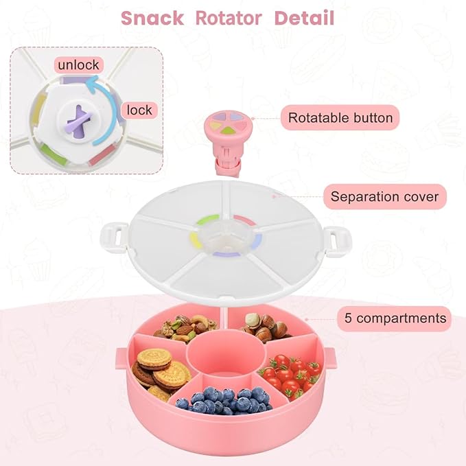 Pawtong Snack Rotator Container Reusable Snack Box with 5 Compartment Dispenser and Lid, Color Matching Opening Lid, BPA and PVC Free, for Home, School, Travel (2 Pack- Pink)