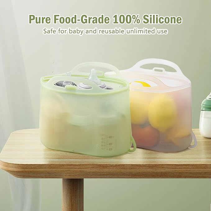 Silicone Travel Bottle Sterilizer Bags | 2000ml Microwave Steam Sterilizer Bags for Baby Bottles, Breast Pump & Pacifiers, Reusable Steam Sterilizing Bags for Travel and Home Use（Clear Green）