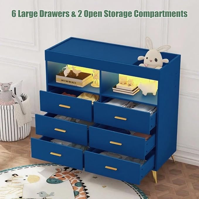 Jojoka Nursery Changing Table Dresser with LED Lighting and Charging Function, 6 Drawer Storage Dresser with 2 Open Compartments, Convertible Baby Diaper Station for Nursery and Bedroom Use