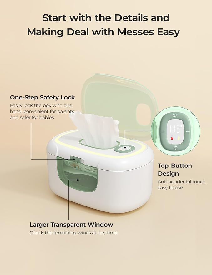 Momcozy New Baby Wipe Warmer, Large Capacity Wipe Dispenser Compatible with 60-80pcs,10-Min Fast Heating,4 Temperature Modes,Innovative Spring Design,Silicone&Top Seals,Even Heating,3-Level Nightlight