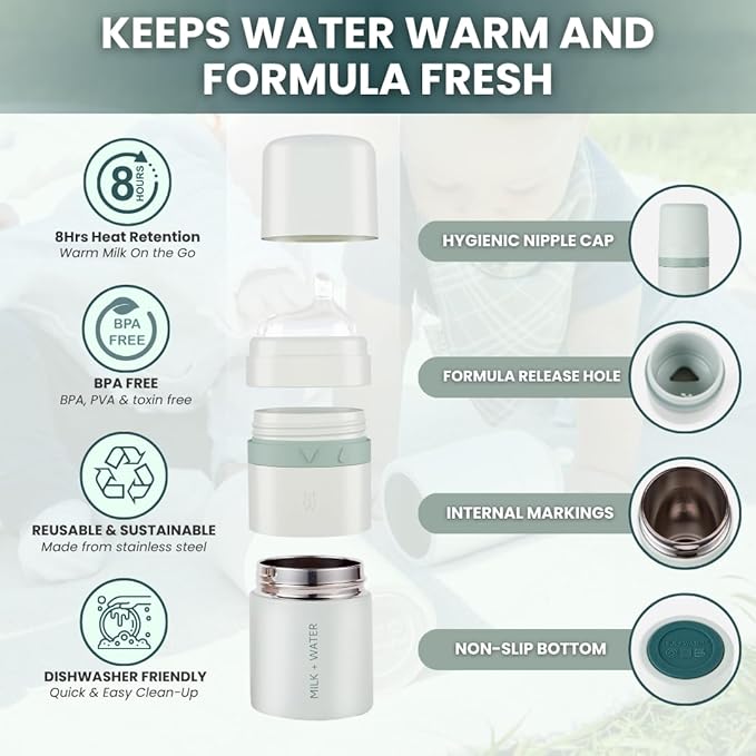 MILK & WATER All in One Baby Bottle & Baby Formula Dispenser On the Go, 5oz - Keeps Water Warm & Formula Fresh - Baby Formula Mixing Bottle with Anti Colic Nipple - Leak-Proof - 0+ Months (Green)