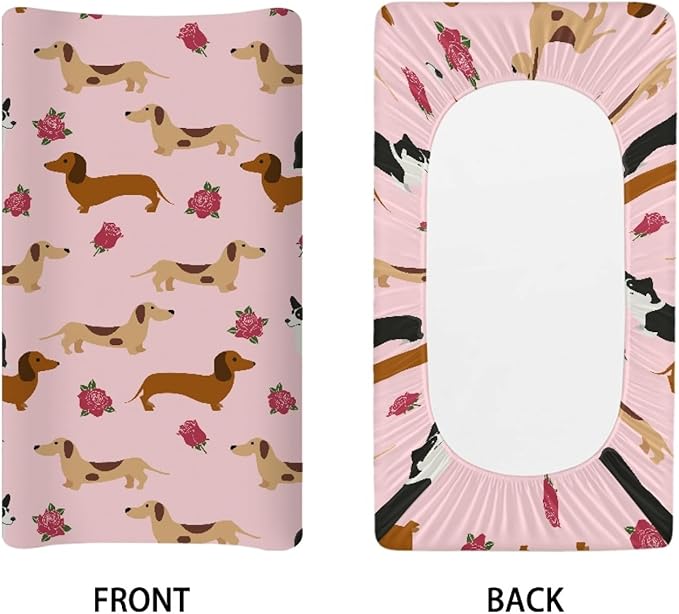 GOSTONG Diaper Changing Pad Cover Dachshund Dog Rose Flower Softness Washable Elastic Baby Nursery Diaper Changing Pad Protectors Fits 32 x 16 Inch Diaper Table