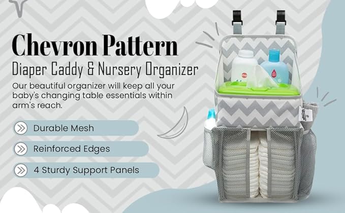 Chevron Pattern Diaper Caddy and Nursery Organizer for Newborn Baby Essentials, Hang on Crib, Baby Bed. Changing Table or wall. Multiple Pockets to Store Wipes, Creams, Lotions, Toys and more.