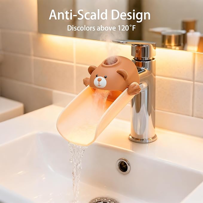 Skyroku Faucet Extender for Kids, Temperature-Sensitive Faucet Spout Extension for Independent Hand Washing - Cute Bear Design, Fits Most Bathroom & Kitchen Sinks(Brown 2P)