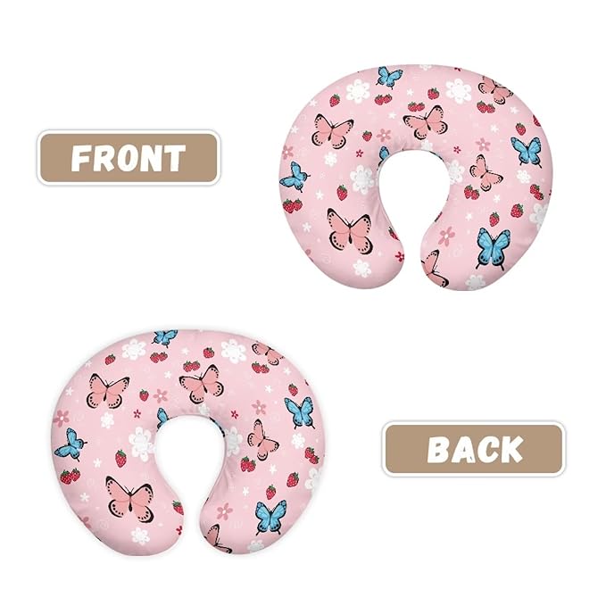 Butterfly Strawberry Print Nursing Pillow Cover for Infant Boy Girls Baby Breastfeeding Pillow Cover with Hidden Zipper, Neutral Nursing Pillow Slipcover, Soft and Breathable