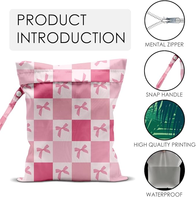 Wet Bag for Swimsuit Pool Travel Baby Cloth Diapers Dirty Yoga Gym Clothes Beach Bags Summer Gifts for Women Men Beach Vacation Essentials Pink Bow Checker Waterproof Wet Dry Bag Travel Laundry Bags