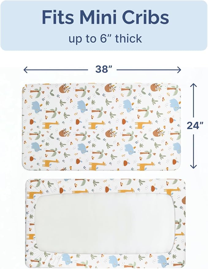 2-Pack Mini Crib Sheets Fitted - Pack N Play Sheets for Pack and Play Mattress - Stretchy Soft Microfiber Playard Bedding - Mini Toddler Bed Cover Boys & Girls - Easy-Fit, Oeko-Tex, 38 x 24in - Safari