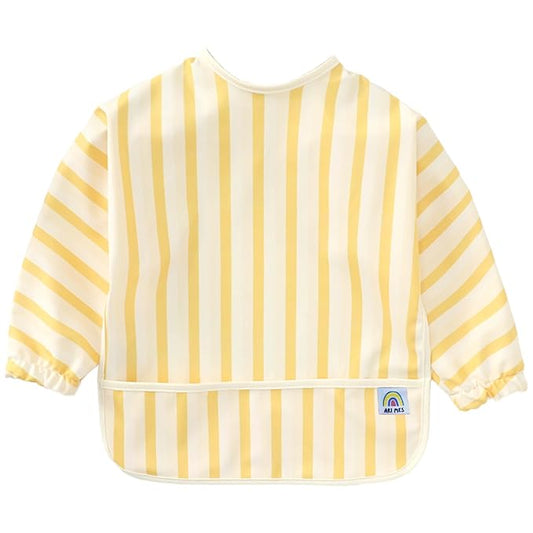 ARI MES Waterproof Long Sleeve Baby Bib for Eating-Yellow Stripes Pattern, Medium-Toddler Smock with Catch-All Pocket, BPA Free, Machine Washable, Wearable Feeding Bib for Boys & Girls 6-72 Months