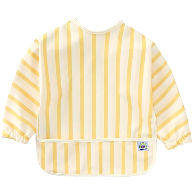 ARI MES Waterproof Long Sleeve Baby Bib for Eating-Yellow Stripes Pattern, Small-Toddler Smock with Catch-All Pocket, BPA Free, Machine Washable, Wearable Feeding Bib for Boys & Girls 6-72 Months