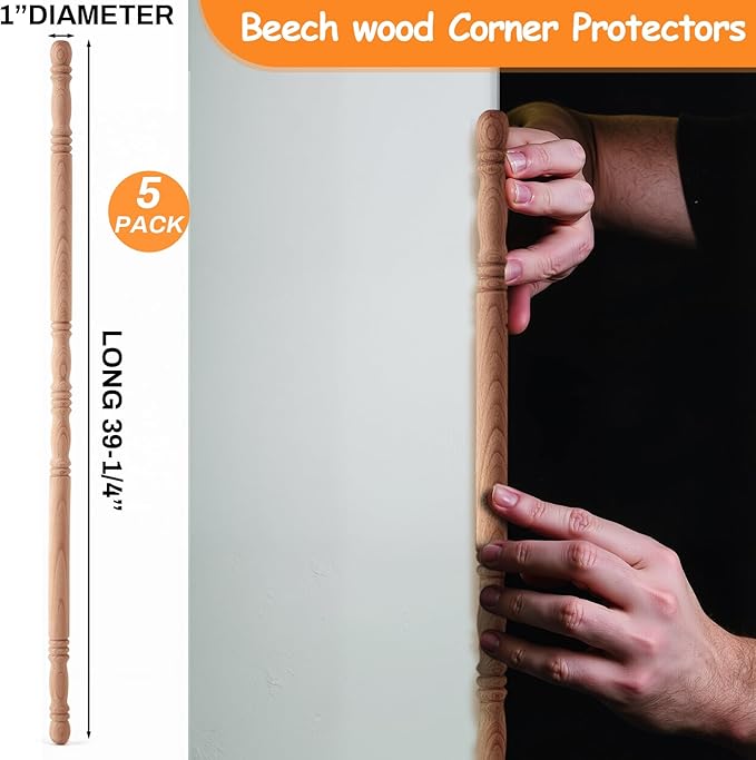 DoubleFill 5 Pack Beechwood Corner Guards for Wall Unfinished DIY Corner Protector 39-1/2'' x 1'' Solid Wood Edges Protect Trim for Paintable Stainable, Customize to Match Wall, Easy Installation