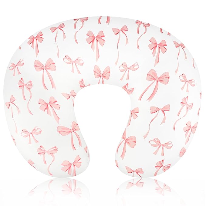 Nursing Pillow Cover, Removable Nursing Covers for Breastfeeding Pillows, Stretchy and Soft Fit for Baby Girls Boys Newborn, Pink Bow(Only Cover)