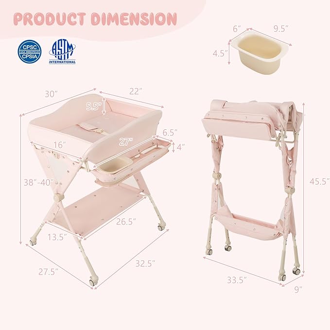 HONEY JOY Changing Table, Folding Mobile Diaper Nursery Organizer w/Wheel, 3 Adjustable Heights, Storage Bag & Open Shelf, Water Basin, Portable Baby Changing Station for Newborn Infant(Pink)
