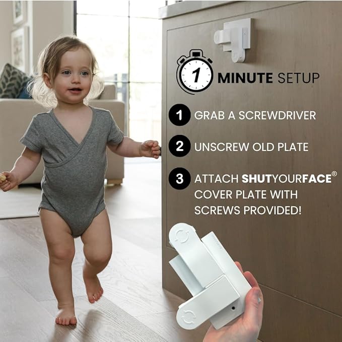 Self-Closing Outlet Cover Plate System by Geddy’s Mom – Automatic Child Safety that Covers Outlets When Unplugged, Shut Your Face, Easy Install, Award-Winning Baby Proofing for 1-Screw Duplex Outlets