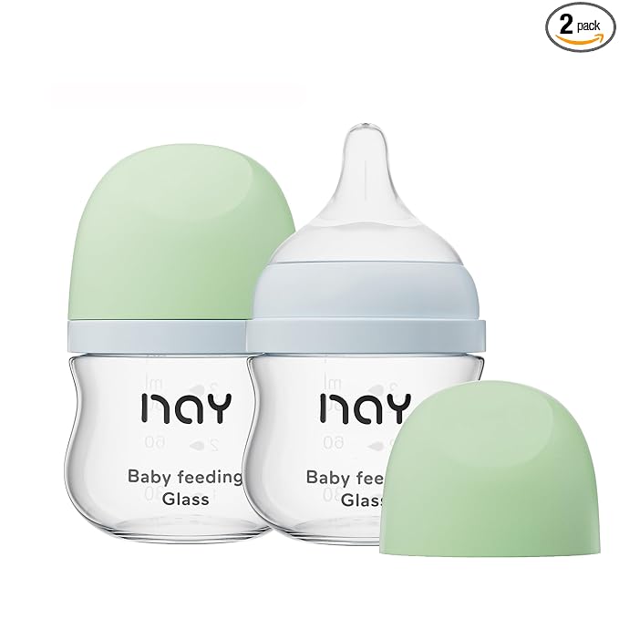 yanyoyo Natural Glass Baby Bottle Wide Neck, Newborn Anti-Colic Baby Bottle, Clear, 3oz(Pack of 2), Includes 2Pcs Slow Flow Nipple(SS), 0 Months+