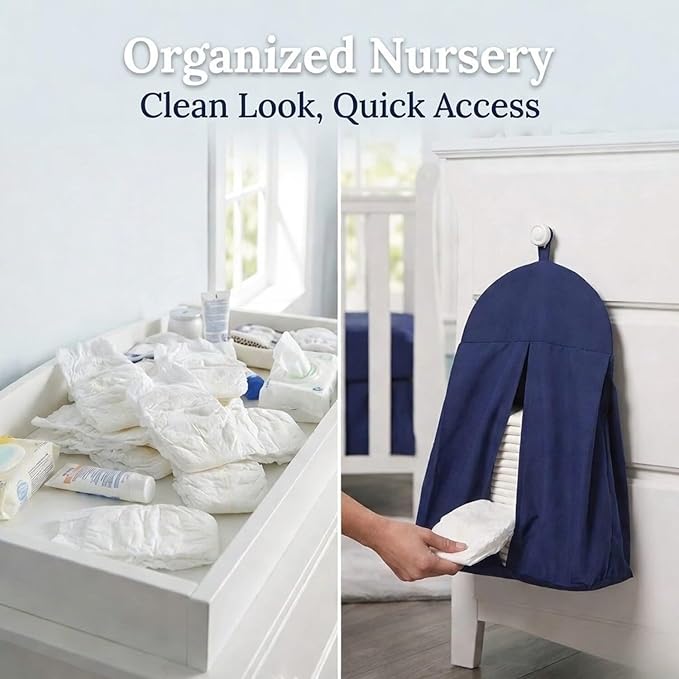 Navy Blue Hanging Baby Diaper Caddy Organizer for Changing Station - Baby Nursery Décor for Boys - Diaper Stacker with Hook for Easy Reach - Safe Diaper Changes; Portable, Washable and Folding