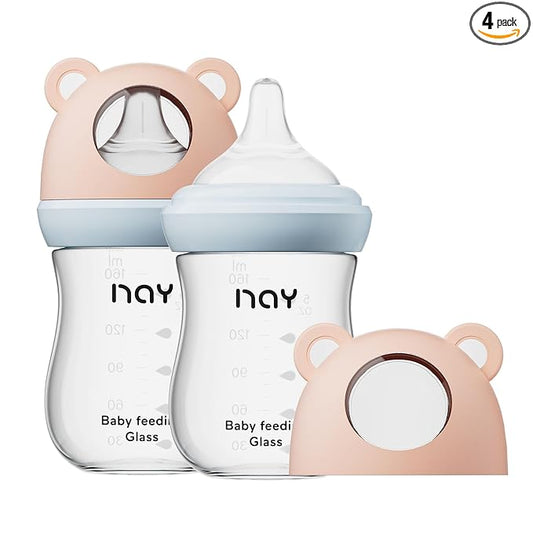 yanyoyo Natural Glass Baby Bottle for Breastfeeding Babies, 5.4oz Anti-Colic Baby Bottle with Natural Response Nipple(S), Clear, Wide Neck, 2 Pack, 1 Months+