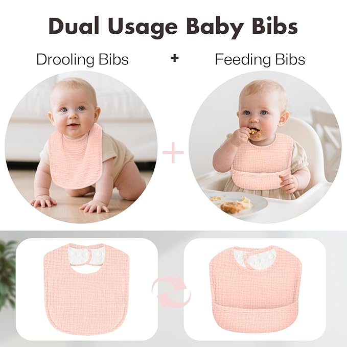 Drool Bibs for Baby Girls & Boys, 8 Pack Baby Muslin Bibs for Drooling and Teething with Hidden Pocket, Soft Cotton, Extra Absorbent, Mess-proof, for Toddler, Newborn, Infant