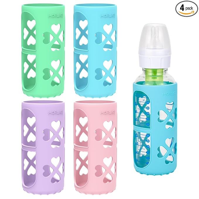 MORLIKE 4 Pack Silicone Sleeves Fit for 8 oz/250 mL Dr. Brown's Natural Narrow Glass Baby Bottle, 100% Silicone Covers Protect Glass Bottle, Easy to Grip Baby Bottle Holders for SB81003-P4, SB82023-P2