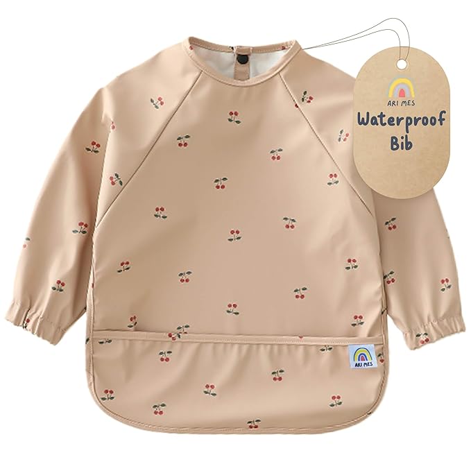 ARI MES Waterproof Long Sleeve Baby Bib for Eating-Cherries Pattern, Large-Toddler Smock with Catch-All Pocket, BPA Free, Machine Washable, Wearable Feeding Bib for Boys & Girls 6-72 Months