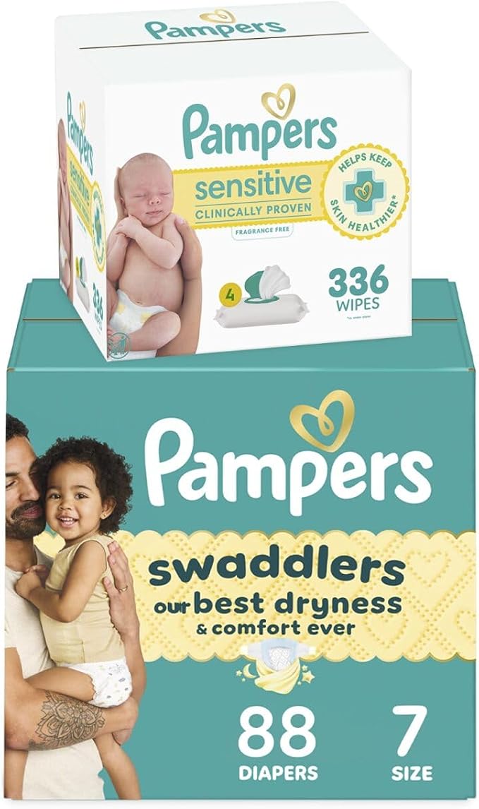Pampers Swaddlers Disposable Baby Diapers Size 7, 88 Count with Sensitive Water Based Baby Wipes 4X Pop-Top Packs (336 Count)