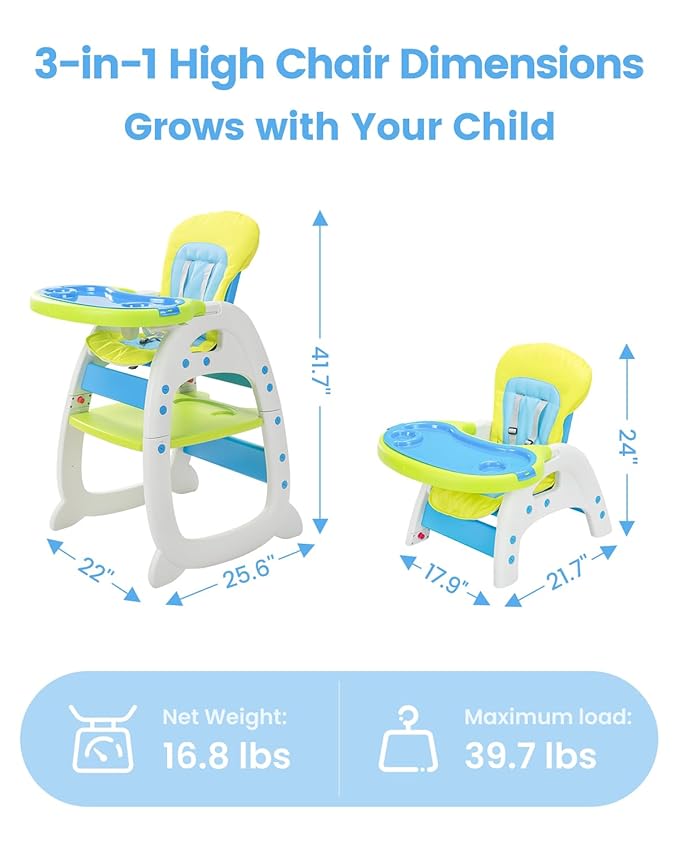 Baby High Chair,3 in 1 High Chairs for Babies and Toddlers, Convertible Toddler Highchair, Adjustable Infant Feeding Chair for Boy & Girl, Easy Clean Baby Eating Chair for 6 Months and Up