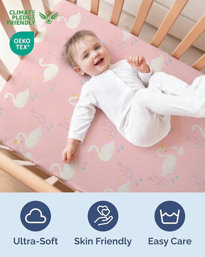 Baby Crib Sheets for Boys & Girls - Pack of 2 Fitted Microfiber Crib Sheets for Standard Crib & Toddler Mattress - Soft, Breathable and Wrinkle Free - Machine Washable - Oeko Tex - 52x28x8in - Swans