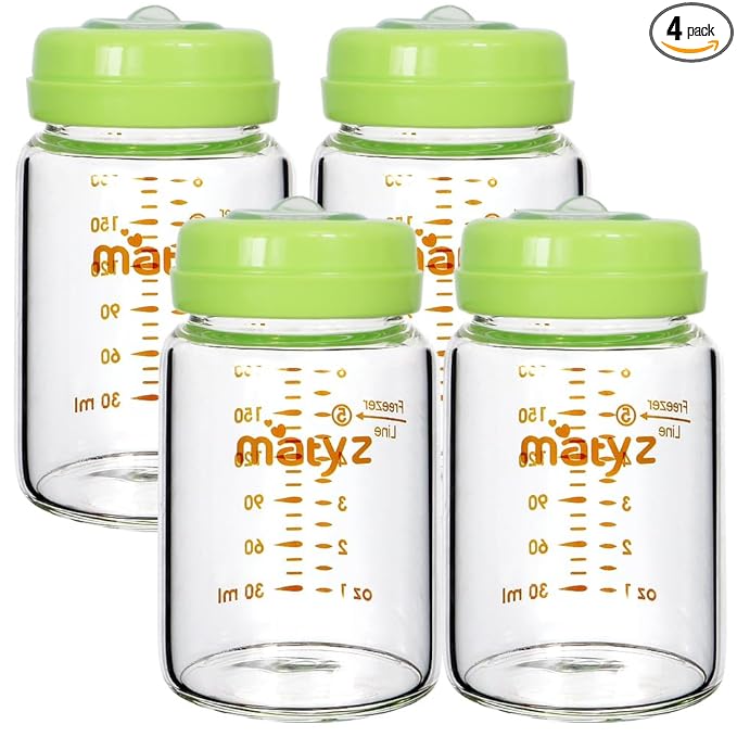 Matyz Glass Breastmilk Storage Bottles, 4-Pack (Green, 6oz Each), Wide Mouth Food-Grade Borosilicate, Leakproof for Spectra Medela Philips Breast Pumps, Travel, Camping