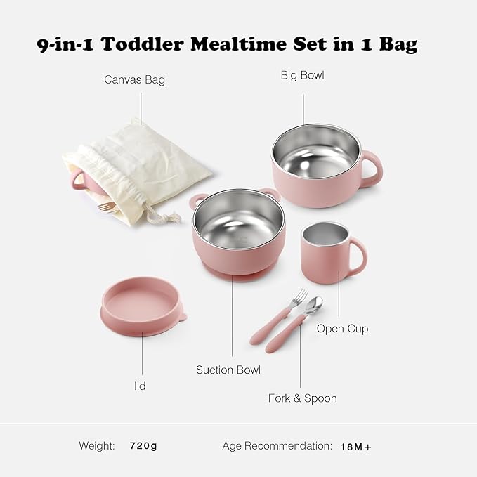 Bakpoco Kids Dinnerware Set - 6 Piese Toddler Plates and Suction Bowls Set with Kids Utensils&Cup, 2 IN 1 Stainless Steel & Silicone Baby Self Feeding Supplies, Blush