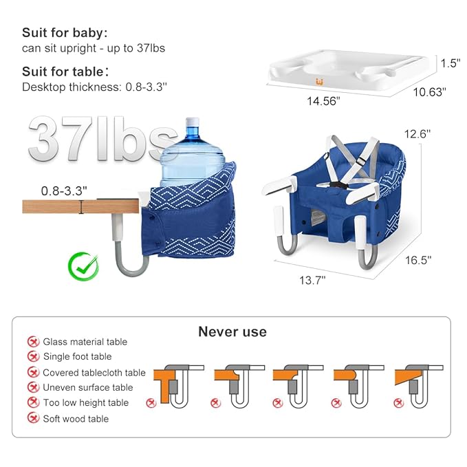 MTWML Hook On High Chair with Tray,Portable Baby High Chair that Attaches to Table,Clip On Fast Table Seat for Babies and Toddlers.Baby Feeding Seat for Dining Tables and Counter(Stripe-Blue)