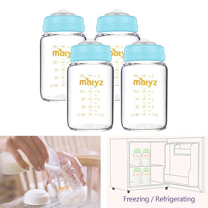 Matyz 4-PACK Wide Mouth Glass Breast Milk Storage Containers With Lids (Blue, 6 Oz Each) - Glass Freezer Safe Breastmilk Storage Bottles - Breast Pump Accessories For Medela Spectra Avent Breast Pumps