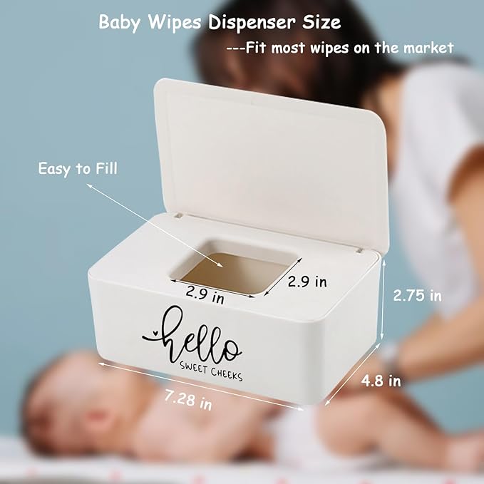Hello Sweet Cheeks Baby Wipes Dispenser Rustic Farmhouse Bathroom Decor 7.28" L x 4.80" W x 2.75" H Flushable Wipes Container Holder with Sealing Design Lid Easy to Refill (White)