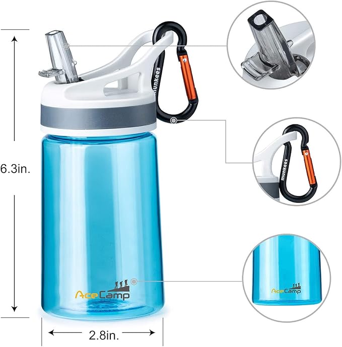 AceCamp 2 Pack-Kids Water Bottle with Straw for School Kids Boys Girls,12OZ Children Toddler Water Bottle Small with clip Tritan BPA Free for Backpack Outdoor Sports Travel Portable and Leakproof
