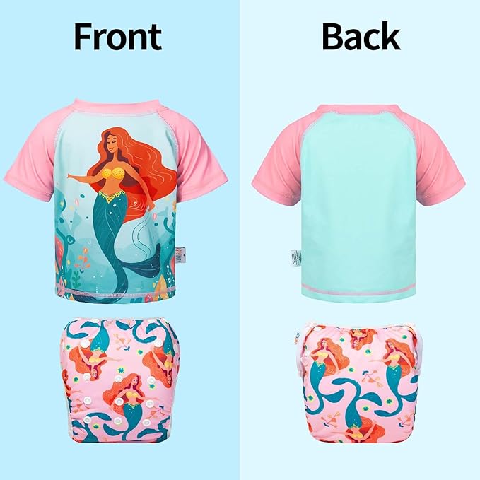 ALVABABY Baby Girl Swimsuit, 2-Piece Infant Toddler Bathing Short Sleeve Swimwear, Large Baby Reusable Swim Diaper with Matching Top