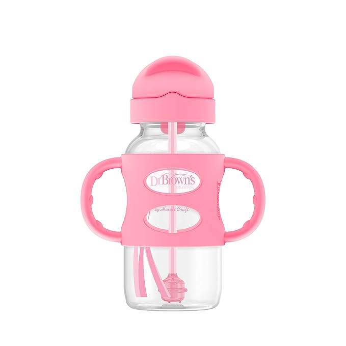 Dr. Brown's Milestones Wide-Neck Sippy Spout Bottle with 100% Silicone Handles & Milestones Wide-Neck Sippy Straw Bottle with 100% Silicone Handles and Weighted Straw, 9 oz/270 mL, Pink, 6m+