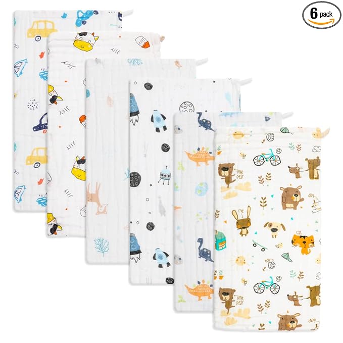norinori Baby Burp Cloths Muslin Washcloths 6Pack - Muslin Burp Cloths Hanky Large 20''x10'' Extra Soft Absorbent Baby Burp Rags for Newborn 100% Cotton for Boys Girls Gift 6 Layers Machine Washable