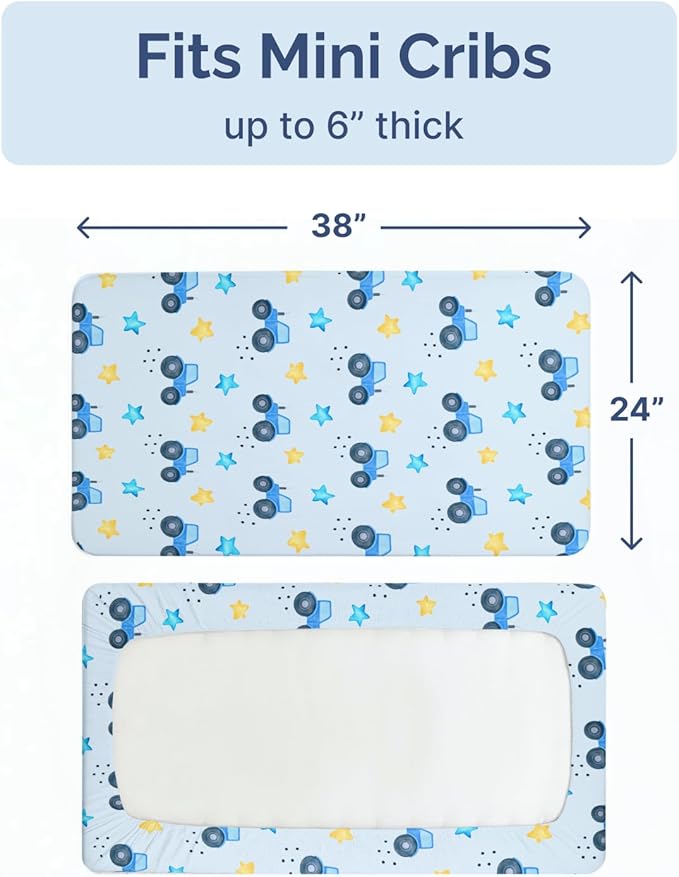 2-Pack Mini Crib Sheets Fitted - Pack N Play Sheets for Pack and Play Mattress - Stretchy Soft Microfiber Playard Bedding - Mini Toddler Bed Cover for Boys & Girls - Oeko-Tex - 38 x 24in, Night Farm